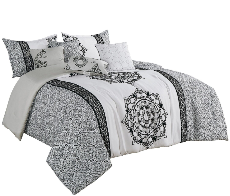 HIG 7-Piece Luxury Embroidery/Print Comforter Set Bed in A Bag -Queen/King Size