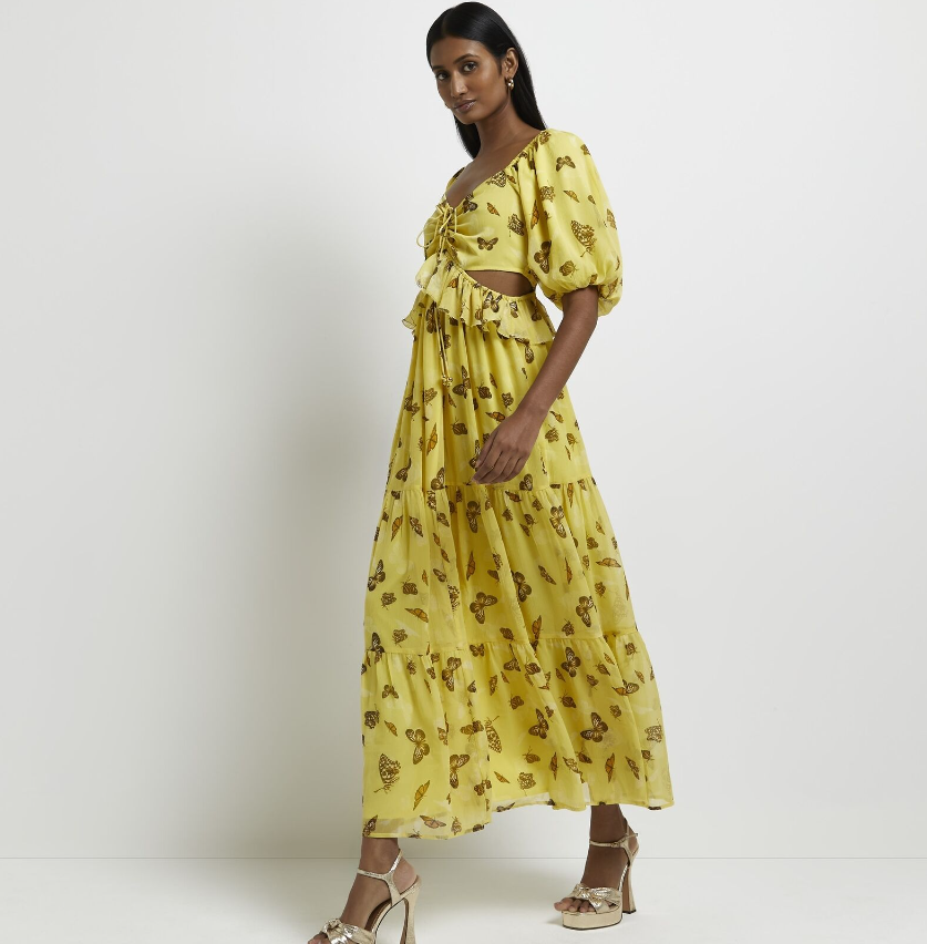 River Island Womens Maxi Dress Yellow Print Cut Out Stylish Short Sleeves